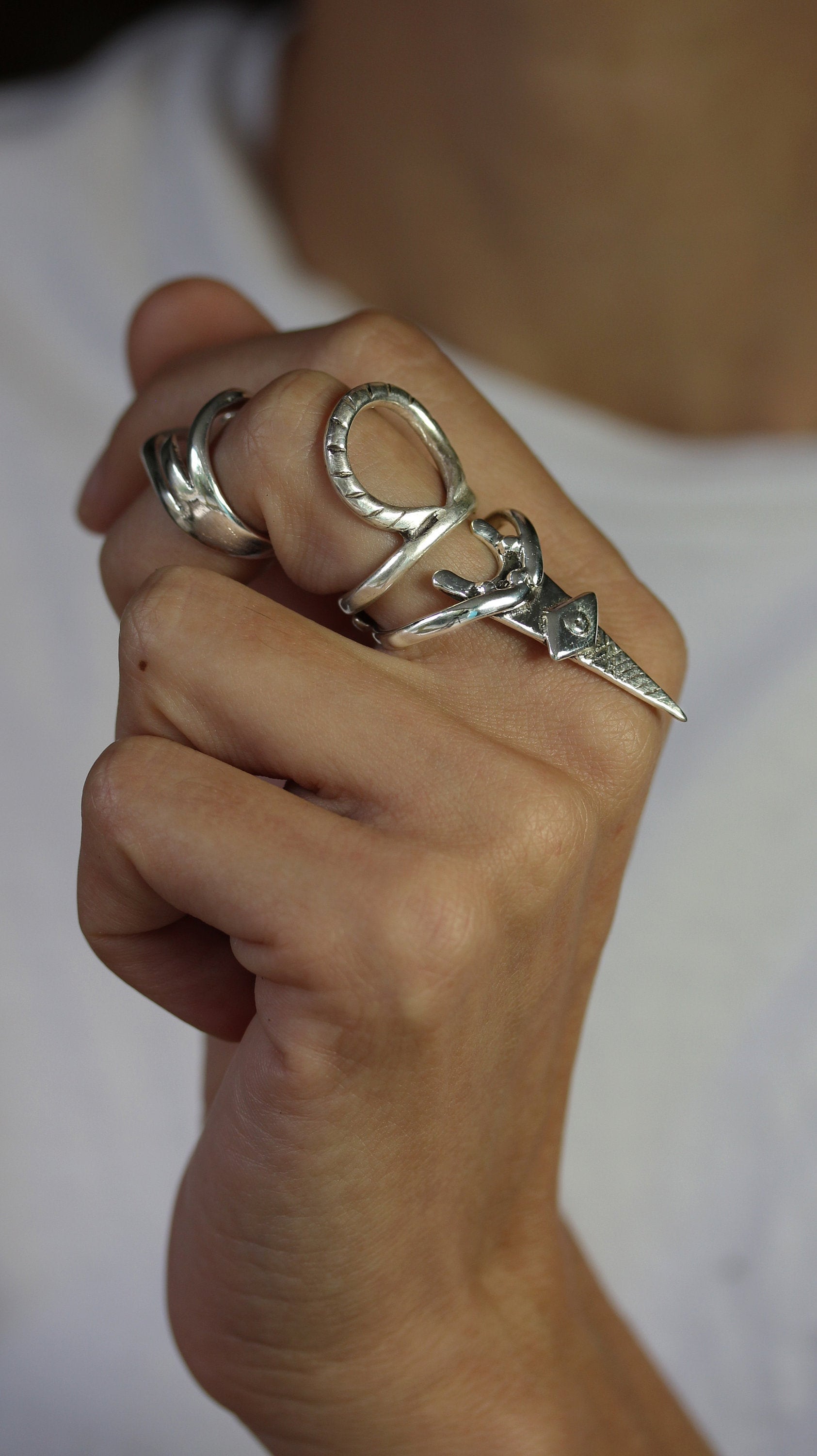 Triple Warrior Armor Sterling Silver Ring Set Engraved Goth