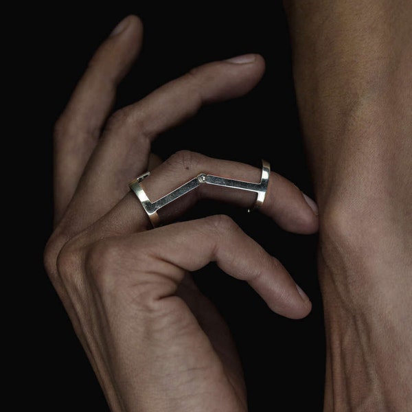 Articulated Minimalist geometric Jointed armor ring in sterling silver or gold-plated silver- adjustable