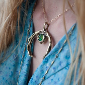 Green Agate Stone Crystal Crescent Moon Necklace Witch Boho Gold Necklace In Bronze Made To Order image 1