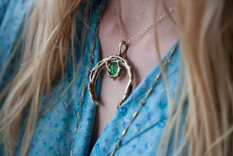 Green Agate Stone Crystal Crescent Moon Necklace Witch Boho Gold Necklace In Bronze Made To Order image 1