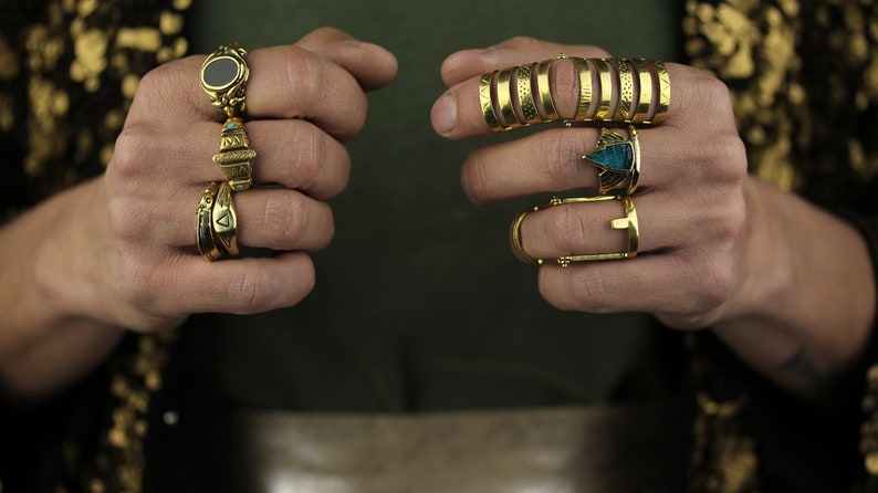 Aztec turquoise stones gold ring boho style made in solid bronze image 3