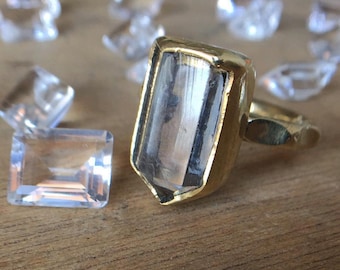 Raw white quartz crystal statement antique gold witch ring - bronze