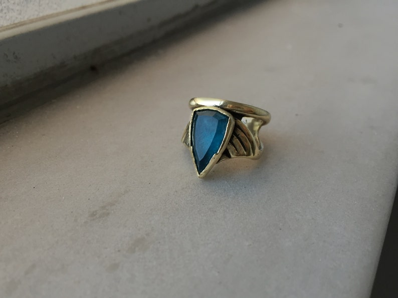 Arrow Ring Faceted Blue Apatite Ring set on solid yellow bronze image 5