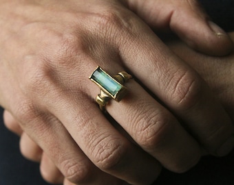 Chrysocolla rectangular shaped Antique style Ring set on solid yellow bronze-made to order