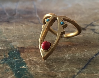 Red Coral and turquoise gold ring made in solid bronze