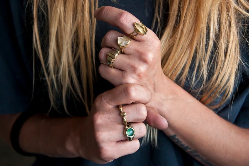 Aztec turquoise stones gold ring boho style made in solid bronze image 5