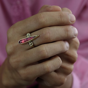 Spear pink Tourmaline Ring - Faceted Pink Tourmaline set on solid yellow bronze , sterling silver or gold-plated silver