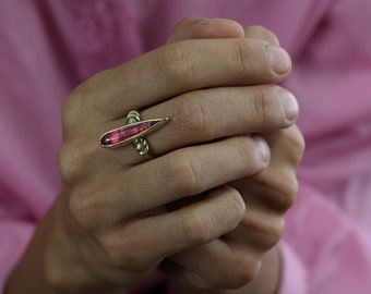 Spear pink Tourmaline Ring - Faceted Pink Tourmaline set on solid yellow bronze or sterling silver