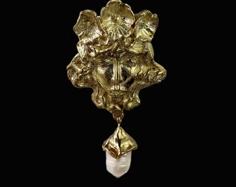 Medusa Pearl Brooch Pendant- Made in Bronze with Midnight Blue Velvet Ribbon