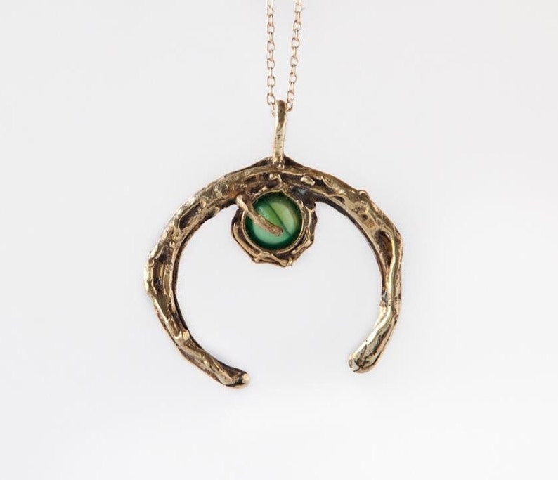 Green Agate Stone Crystal Crescent Moon Necklace Witch Boho Gold Necklace In Bronze Made To Order image 2