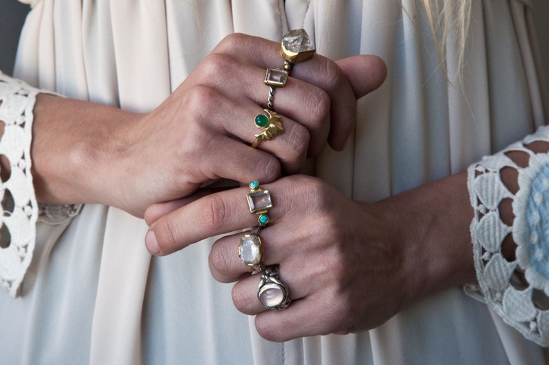 Turquoise and Emerald cut Clear Quartz in sterling silver and gold vintage style ring-made to order image 4