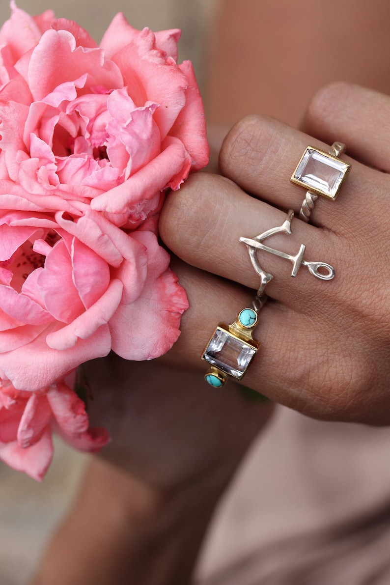 Turquoise and Emerald cut Clear Quartz in sterling silver and gold vintage style ring-made to order image 3