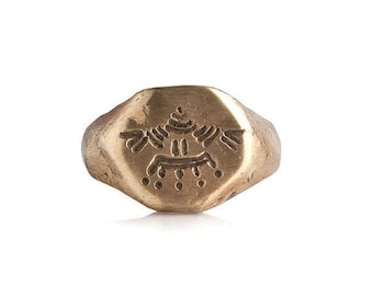 Eagle engraved Aztec signet gold ring raw texture - men and women in solid yellow bronze or silver