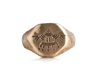 Eagle engraved Aztec signet raw texture  - made in sterling silver, bronze or 18k yellow gold plate over silver