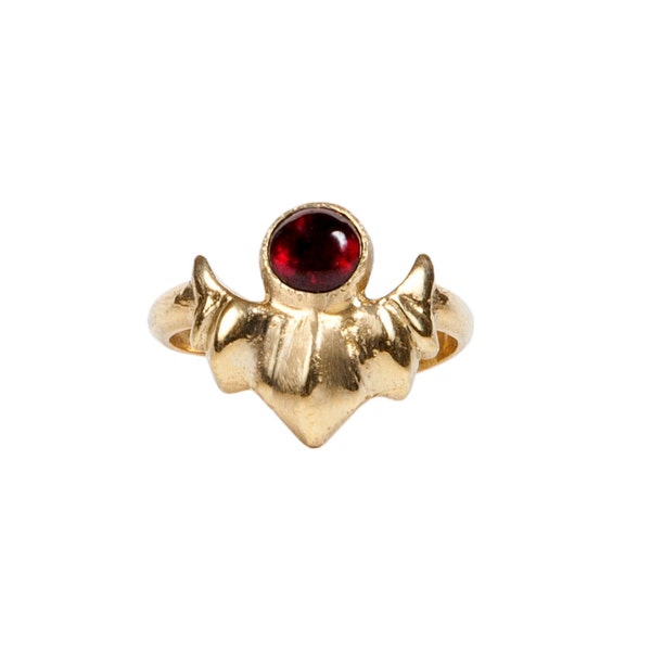 Anillo de oro tribal ajustable granate rojo - Joyería de estilo vintage - Hecho en bronce amarillo sólido