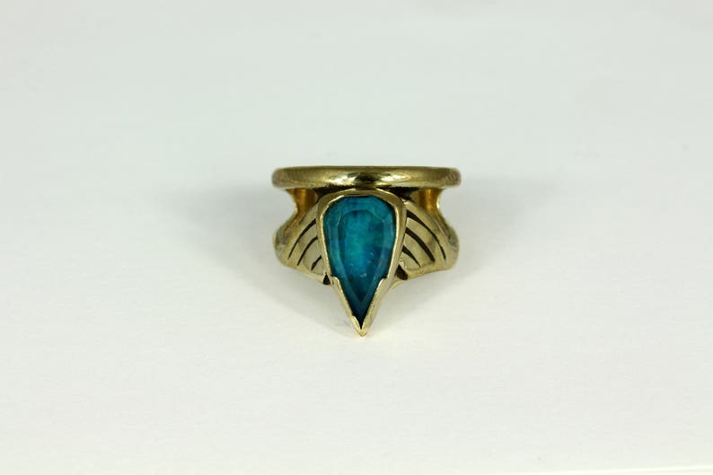 Arrow Ring Faceted Blue Apatite Ring set on solid yellow bronze image 8