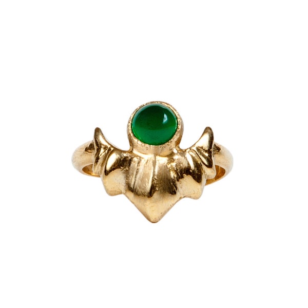 Anillo ajustable tallado a mano de ágata verde oro con techo a mano - Joyería de estilo vintage - Hecho en bronce amarillo sólido