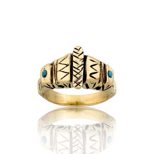 Aztec turquoise stones gold ring boho style made in solid bronze image 1