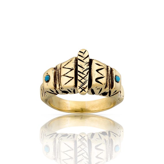 Aztec turquoise stones gold ring boho style made in solid bronze