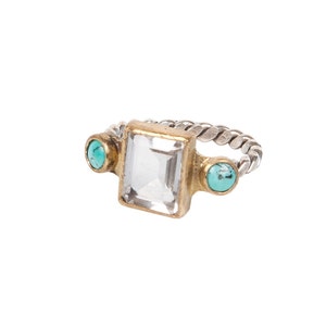 Turquoise and Emerald cut Clear Quartz in sterling silver and gold vintage style ring-made to order image 7