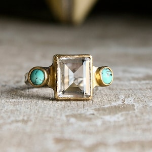 Turquoise and Emerald cut Clear Quartz in sterling silver and gold vintage style ring-made to order image 1