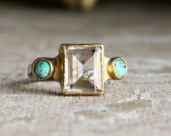 Turquoise and Emerald cut Clear Quartz  in sterling silver and gold vintage style  ring-made to order