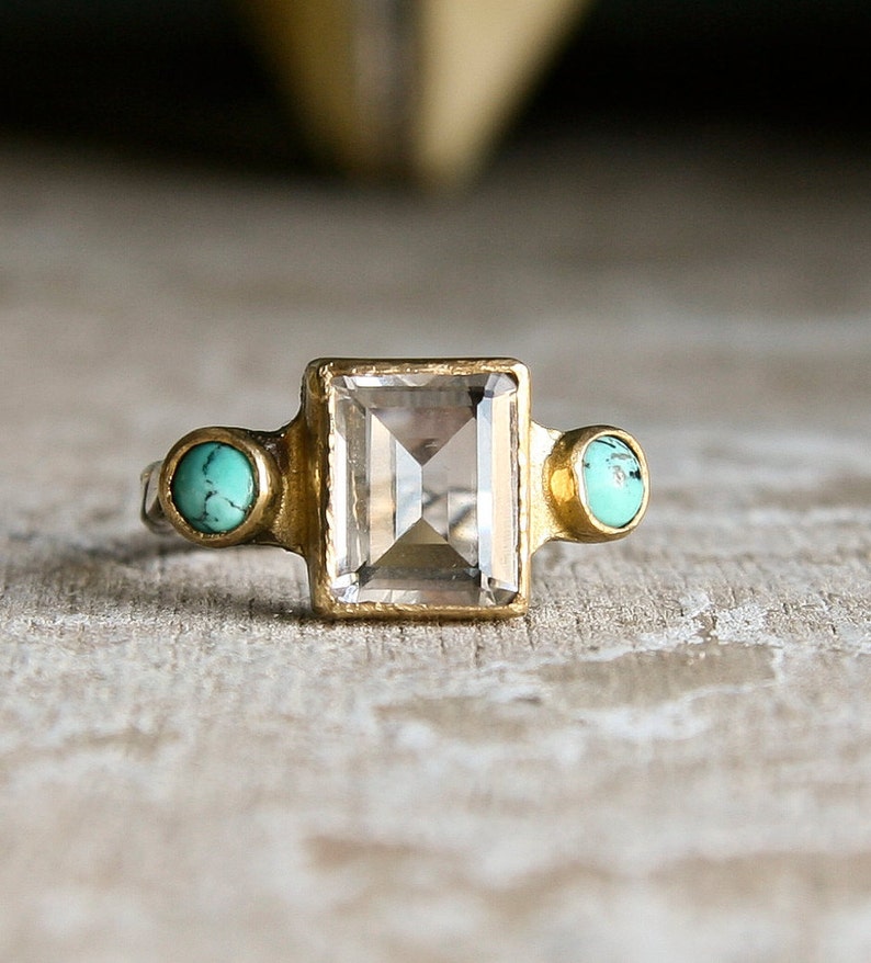 Turquoise and Emerald cut Clear Quartz in sterling silver and gold vintage style ring-made to order image 1