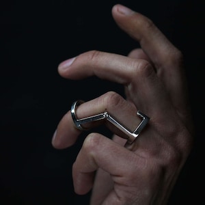 Articulated Minimalist geometric Jointed armor ring in sterling silver adjustable image 2