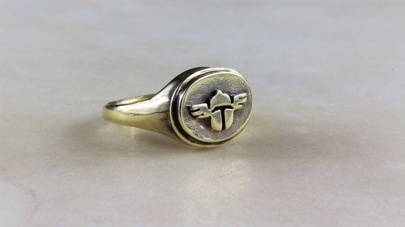 Scarab gold signet ring men and women made in solid bronze image 1