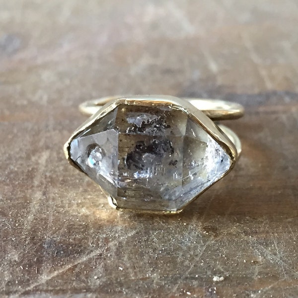 Raw black phantom Herkimer Quartz crystal antique gold witch ring - bronze -made to order