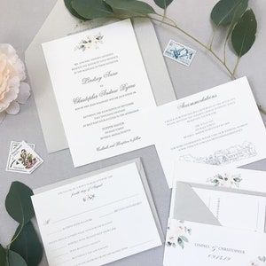 May include: A wedding invitation suite with a light blue and white floral design. The invitation card features the names Lindsey Anne and Christopher Andrew Byrne, the date Saturday, the fourteenth of September, two thousand nineteen, and the time at half past four o'clock in the afternoon. The invitation also includes the location, Tupper Manor, 205 Hale Street, Beverly, Massachusetts. The RSVP card includes the date, the fourth day of August, and options to accept or decline with regret. The accommodations card includes the text "Accommodations" and a map of the area.