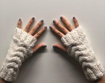 Alpaca Fingerless Cable Gloves - White