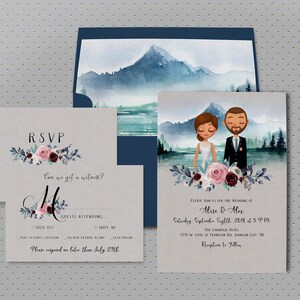 Illustrated Couple, Mountain Wedding Invitation, Couples Portrait, Unique Wedding Invite, Printable Invite, Wedding Portrait