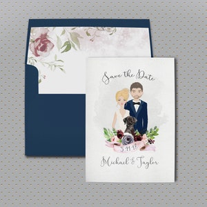 Niepowtarzalny Save the Date, Save the Date Card, Ilustrowane zaproszenie dla pary, Wydrukowany Save the Date, Photo Save the Date, Portret pary