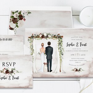 Blush Wedding Invitation, Custom Illustrated Couples Portrait, Unique Wedding Invite, Printable Invite, Wedding Portrait