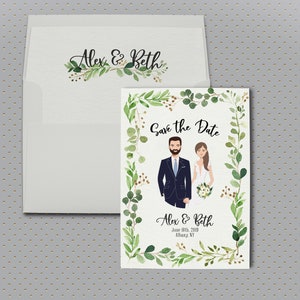 Niepowtarzalny Save the Date, Save the Date Card, Ilustrowane zaproszenie dla pary, Wydrukowany Save the Date, Photo Save the Date, Portret pary