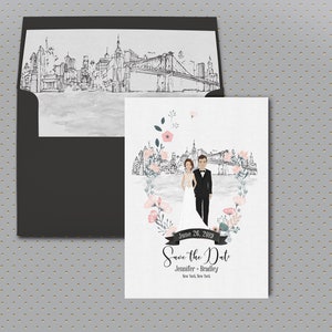 Único Guardar la fecha, Guardar la tarjeta de fecha, Invitación de pareja ilustrada, Nueva York Guardar la fecha, Ciudad Guardar la fecha, Retrato de parejas