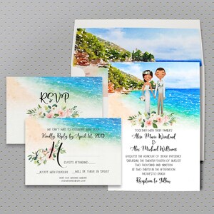 Tropical Wedding Invitation, Custom Illustrated Couples Portrait, Unique Beach Wedding Invite, Wedding Portrait, Beach Wedding