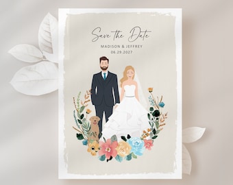 Unique Save the Date, Illustrated Couple Save the Date, BOHO Save the Date, Couples Portrait, Custom Save the Date Card or Magnet