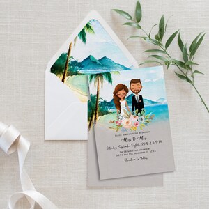 Tropical Wedding Invitation, Custom Illustrated Couples Portrait, Unique Beach Wedding Invite, Wedding Portrait, Beach Wedding