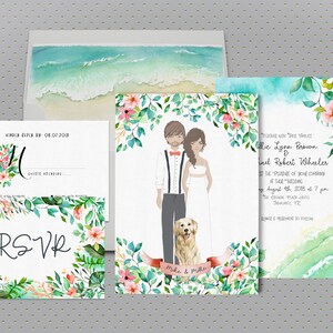 Invito a nozze tropicale, Ritratto di coppia illustrato personalizzato, Invito unico al matrimonio sulla spiaggia, Invito stampabile, Ritratto di matrimonio