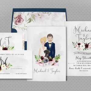 Blush Wedding Invitation, Custom Illustrated Couples Portrait, Unique Wedding Invite, Printed Invitations, Wedding Portrait