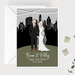 Único Guardar la fecha, Ciudad Guardar la fecha, Invitación de pareja ilustrada, Guardar la fecha personalizada, Guardar la fecha, Retrato de parejas, Skyline