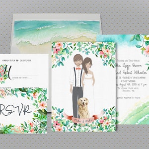 Tropical Wedding Invitation, Custom Illustrated Couples Portrait, Unique Beach Wedding Invite, Wedding Portrait, Beach Wedding