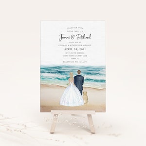 Personalized Beach Theme Invitation, Destination, Tropical Wedding Invitations, Custom Illustrated Portrait, Unique Wedding Invite