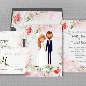Blush Wedding Invitation, Custom Illustrated Couples Portrait, Unique Wedding Invite, Printable Invite, Wedding Portrait