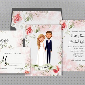 Blush Wedding Invitation, Custom Illustrated Couples Portrait, Unique Wedding Invite, Printable Invite, Wedding Portrait