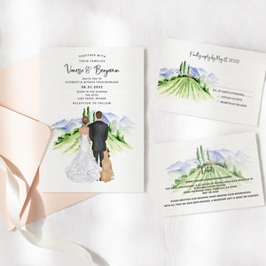 Personalized Vineyard Themed Invitation, Vineyard Wedding Invitations, Custom Illustrated Portrait, Unique Wedding Invite image 1