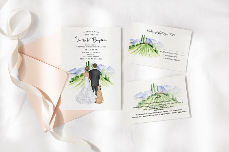 Personalized Vineyard Themed Invitation, Vineyard Wedding Invitations, Custom Illustrated Portrait, Unique Wedding Invite image 1