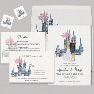 Disney Cinderella Inspired Wedding Invitations, Custom Illustrated Couples Portrait, Unique Wedding Invite,  Wedding Invitations